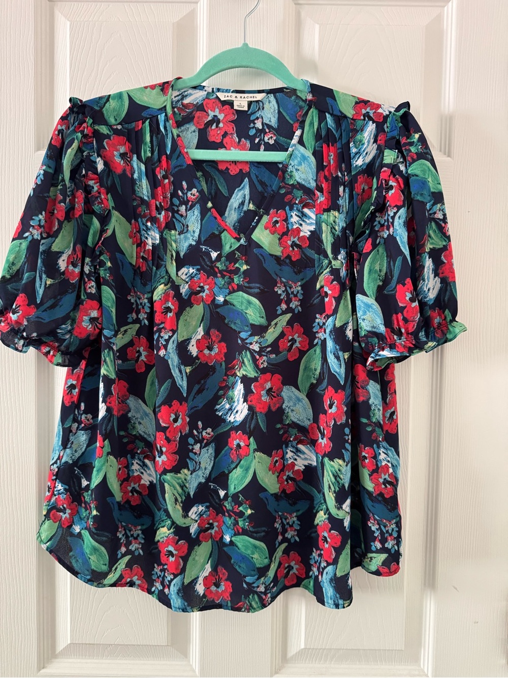 Zac & Rachel Navy Floral Puff Sleeve V-Neck Blouse with Red & Green Print